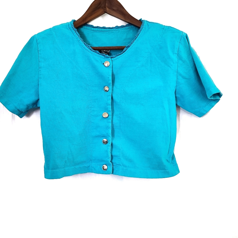 Vintage blue crop button down top size small -I